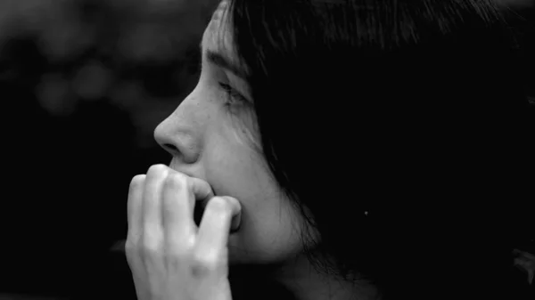 Person Suffering Anxiety Monochromatic Woman Closeup Face Feeling Sad Desperate — Fotografia de Stock