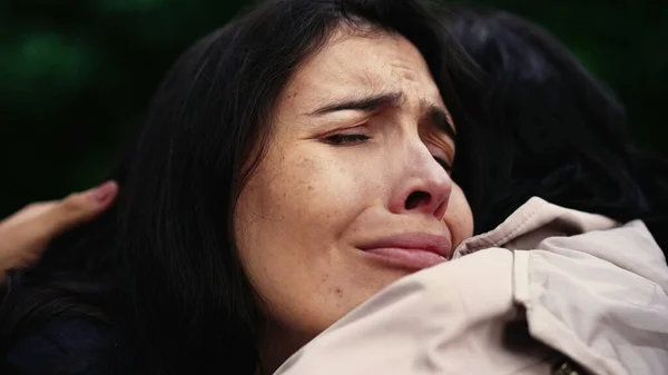 Sorrowful Woman Closeup Face Negative Emotion Hugging Friend —  Fotos de Stock