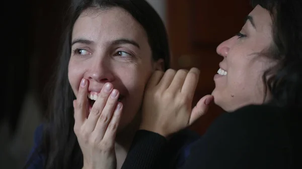 Friend Telling Secret Woman Ear Whispering Young Woman Shock Surprise — Stok fotoğraf