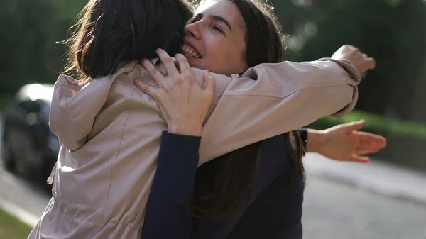Two Happy Female Best Friends Hugging Each Other Women Embrace —  Fotos de Stock