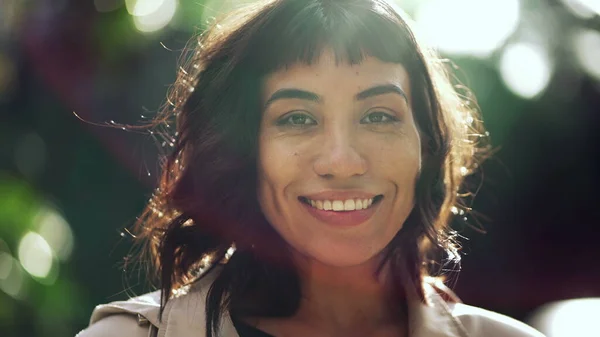 Young Brazilian Woman Smiling Camera Sun Flare South American Confident — Fotografia de Stock
