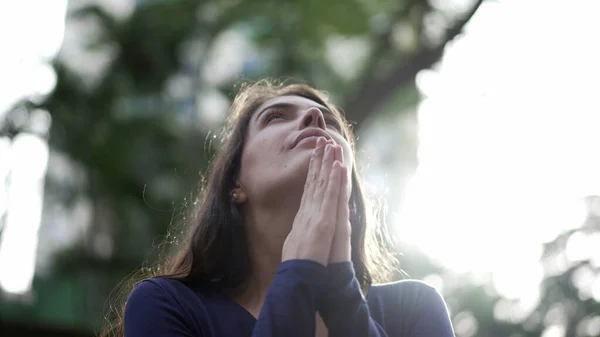Woman Praying Looking Sky Hope Faith Spiritual Person Prayer Feeling — Stockfoto