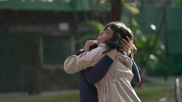 Two Female Friends Hug Embrace Girlfriends Real Life Happiness Reunion —  Fotos de Stock