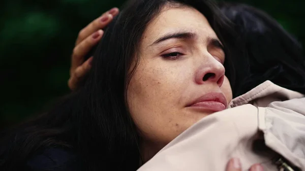 Sorrowful Woman Closeup Face Negative Emotion Hugging Friend — Fotografia de Stock