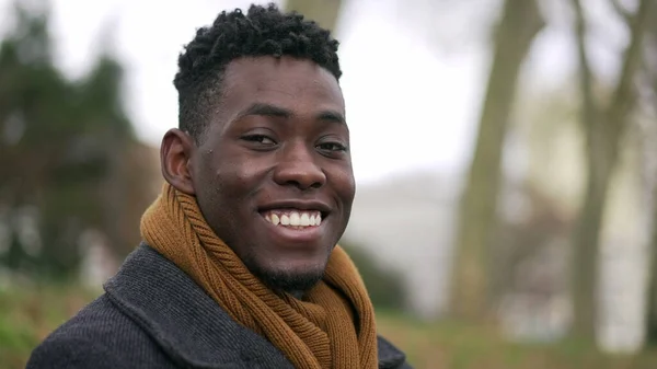 Happy Black African Man Looking Camera Smiling Portrait Winter Season — Stock Photo, Image