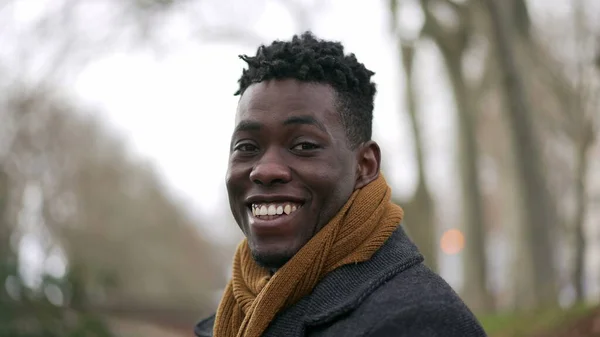 Happy Black African Man Looking Camera Smiling Portrait Winter Season — ストック写真