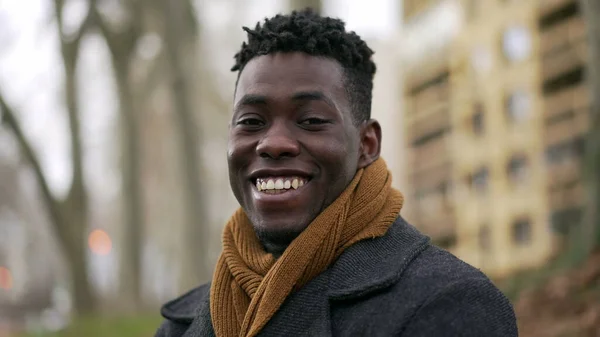 Happy Black African Man Looking Camera Smiling Portrait Winter Season — Photo