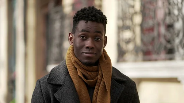 Friendly Black African Man Portrait Smiling Camera Standing Outdoors Urban — Stock Fotó