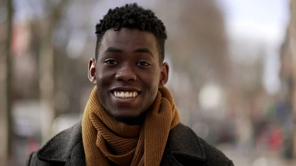 Friendly Black African Man Portrait Smiling Camera Standing Outdoors Urban — Fotografia de Stock