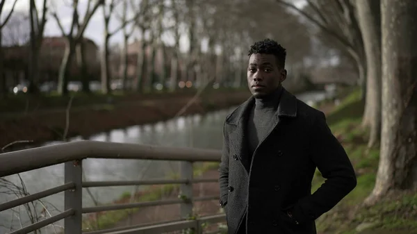 Elegant Young Black Man Standing Park Wearing Winter Clothing Coat — Stock Fotó