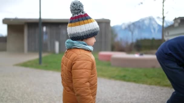 One Cute Little Boy Wearing Beanie Jacket Winter Season Standing — Stock Video