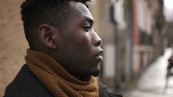 Concerned Black Man Standing City Close Face Portrait Thoughtful Expression — ストック写真