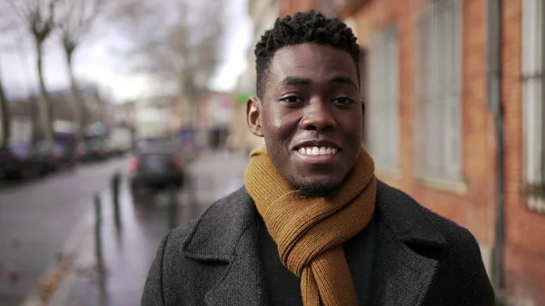 Charismatic Happy Black African Man Walking City Downtown Smiling Camera — ストック写真