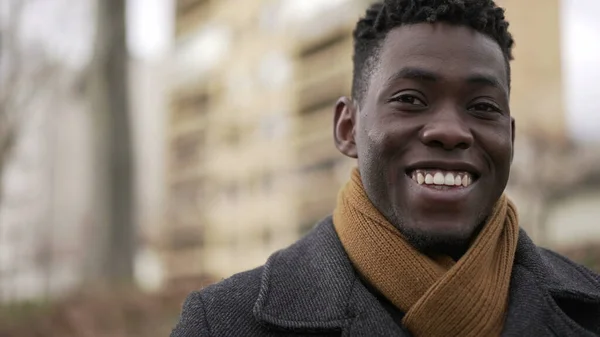 Charismatic Happy Black African Young Man Smiling Wearing Scarf Winter — Stock Fotó
