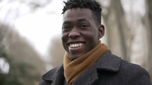 Charismatic Happy Black African Young Man Smiling Wearing Scarf Winter — ストック写真