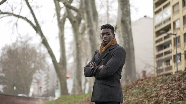 Confident African Black Man Standing Winter Season Portrait Staring Camera — 스톡 사진