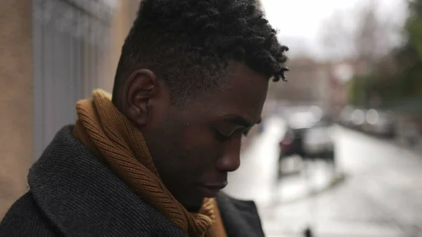 Concerned Black Man Standing City Close Face Portrait Thoughtful Expression — Stok fotoğraf