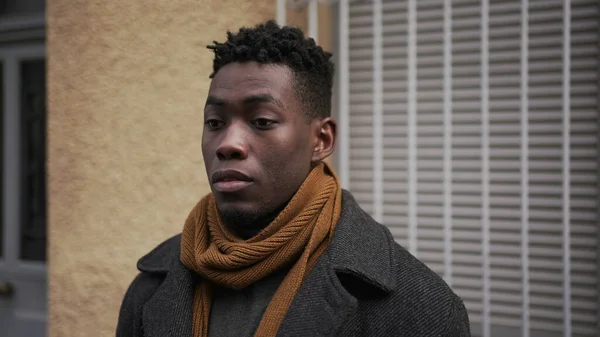 Concerned Black Man Standing City Close Face Portrait Thoughtful Expression — ストック写真