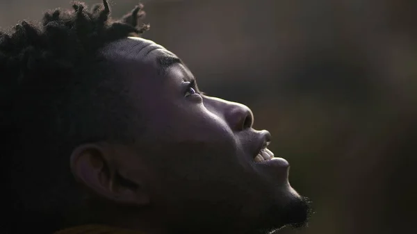 Meditative African Man Closing Opening Eyes Looking Sky Smiling Faith — Stock Fotó