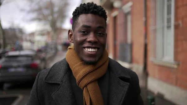 Joyful Elegant Black African Male Walking City Smiling — стоковое фото