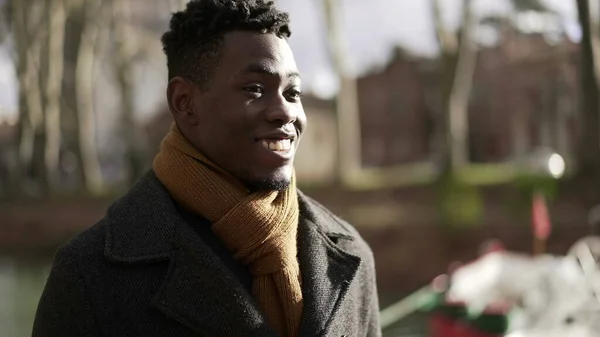 Happy Black Man Walking Nature Winter Season Smiling Feeling Carefree — ストック写真