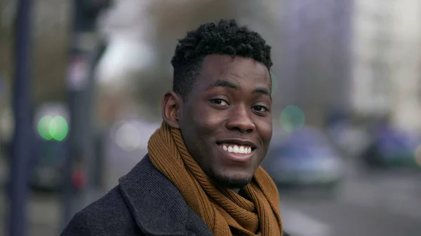 Happy Black Man Smiling Camera Standing Street Looking Camera — Stock Photo, Image