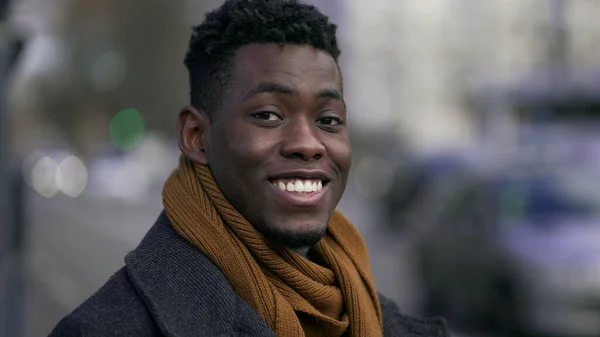 Happy Black Man Smiling Camera Standing Street Looking Camera — Stok fotoğraf