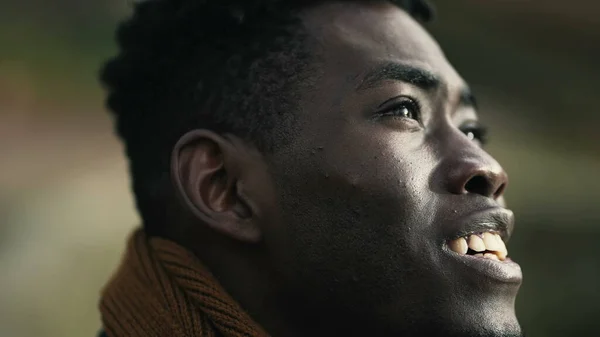 Hopeful Black African Man Close Face Joyful Emotion — стокове фото
