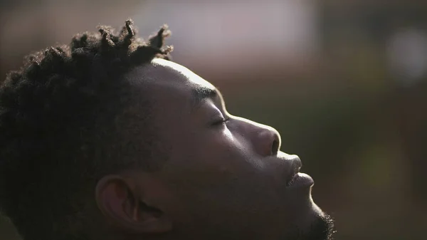 Hopeful Black African Man Close Face Joyful Emotion — Stock fotografie