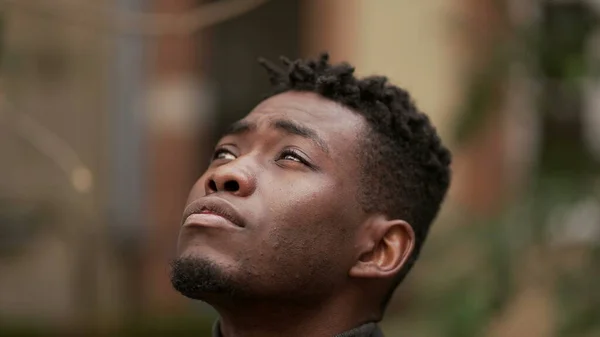 Pensive Black African Man Standing Outdoors Thinking Looking Sky Contemplation — Fotografia de Stock