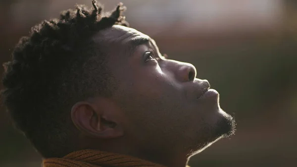 Pensive Black African Man Standing Outdoors Contemplating Life Spiritual Path — Stock Fotó