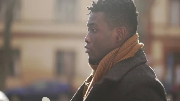 Pensive Black Man Walking City Thinking Himself Winter Season Tracking — Foto de Stock