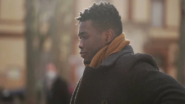 Pensive Black Man Walking City Thinking Himself Winter Season Tracking — Foto de Stock
