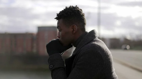 Pensive Black African Man Standing Bridge Thinking Life Looking Horizon — Stock Fotó