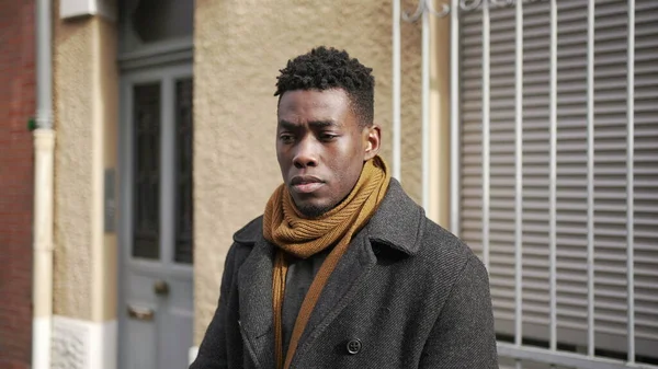Pensive Black Man Standing City Downtown Thoughtful African Guy Waiting — Foto de Stock
