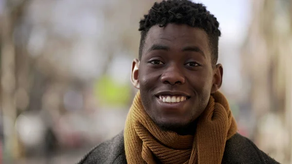 Portrait Black African Male Smiling Camera Wearing Scarf City — Stok Foto