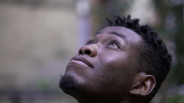 Pensive Young Black Man Meditating Outdoors African Person Face Close —  Fotos de Stock