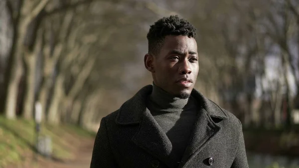 Pensive Young African Man Walking City Park Nature Winter Season — Stock Fotó
