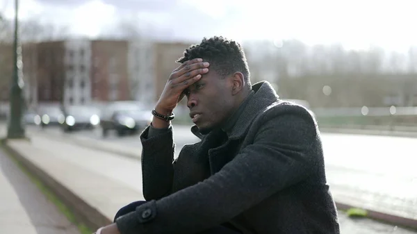 Pensive Worried Black African Man Feeling Anxious Concerned Sitting Sidewalk — ストック写真