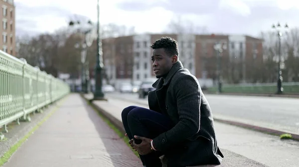 Pensive Worried Black African Man Feeling Anxious Concerned Sitting Sidewalk — Stock Photo, Image