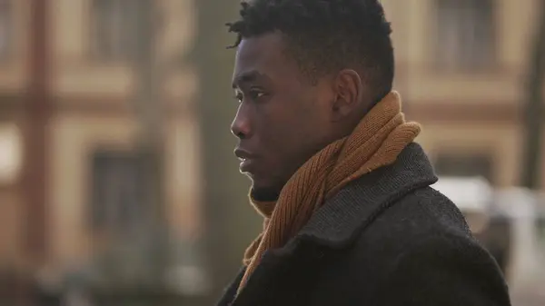 Pensive Thoughtful Black African Man Walking Winter Season — Stok fotoğraf