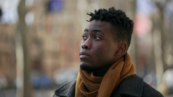 Pensive Thoughtful Black African Man Standing Thinking Observing City — Stock Fotó
