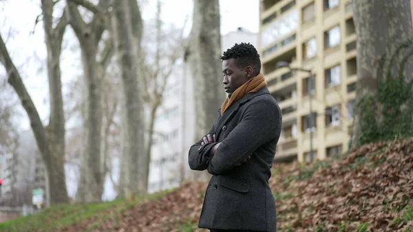 Pensive Thoughtful African Black Man Standing Park Thinking Life — Φωτογραφία Αρχείου