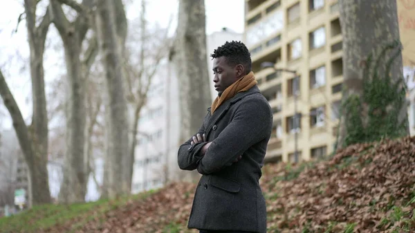Pensive Thoughtful African Black Man Standing Park Thinking Life — 스톡 사진