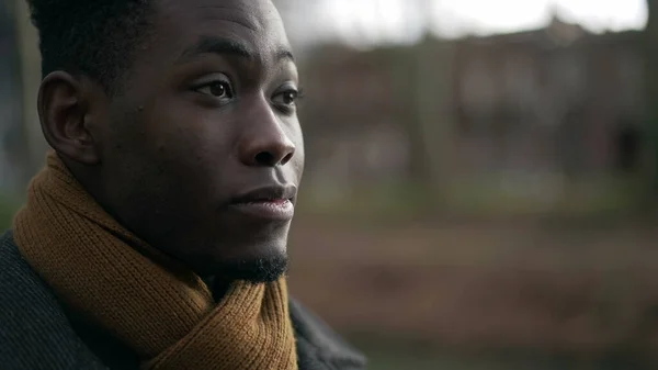 Pensive Young Black Man Walking Park Nature Winter Season — ストック写真