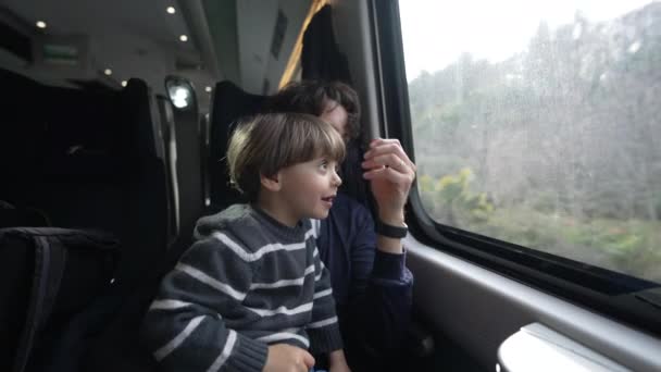 父亲和儿子一起乘火车旅行 小男孩坐在爸爸的腿上 靠窗看风景 — 图库视频影像