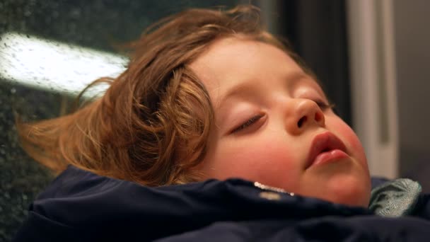 Criança Sincera Dormindo Trem Feche Pequeno Menino Dormindo Colo Mãe — Vídeo de Stock