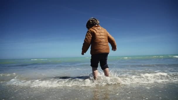 Dítě Stojí Venku Pláži Během Podzimní Sezóny Kalhotami Srolovanými Bosými — Stock video
