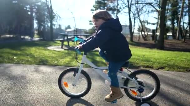 Child Riding Bicycle Sunny Autumn Season One Kid Riding Bike — Stock Video