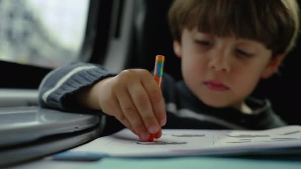 One Little Boy Holding Pen Doing Homework Activity Train Transportation — Stock Video